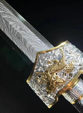 【麒麟陨铁剑】黄铜装鎏金银陨铁山水纹八面剑身排珠鱼皮鞘 未开