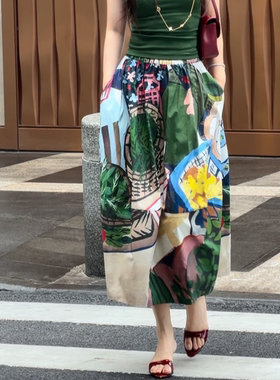郭彦彤夏季新款定制印花纯棉时尚显瘦中长半身裙女柔软宽松QZ1130