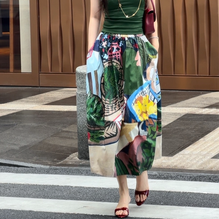 郭彦彤夏季新款定制印花纯棉时尚显瘦中长半身裙女柔软宽松QZ1130