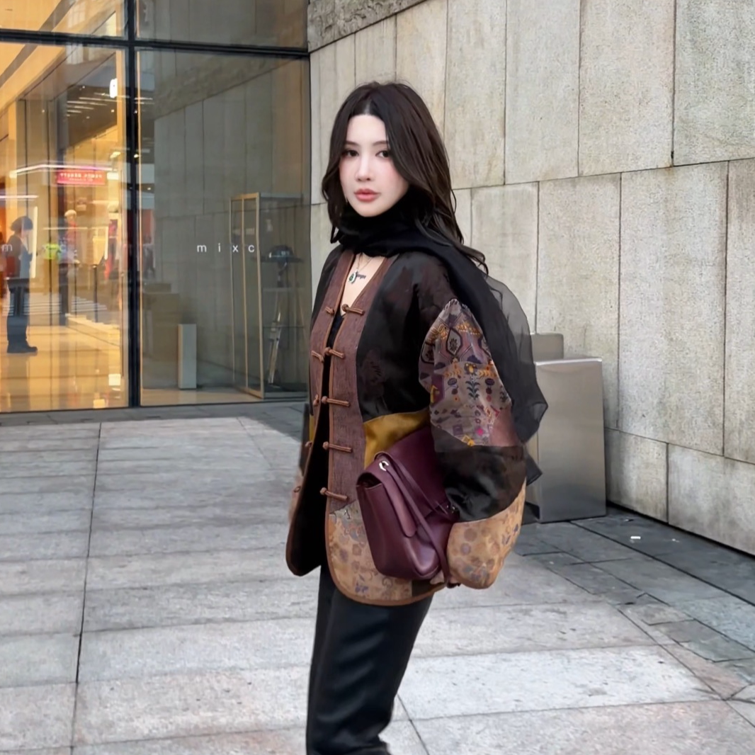 V领定制宽松印花盘扣新中式国风外套棉服WT1170