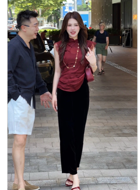 郭彦彤夏季新款苎麻盘扣斜襟蕾丝袖时尚显瘦修身上衣T恤DD1409