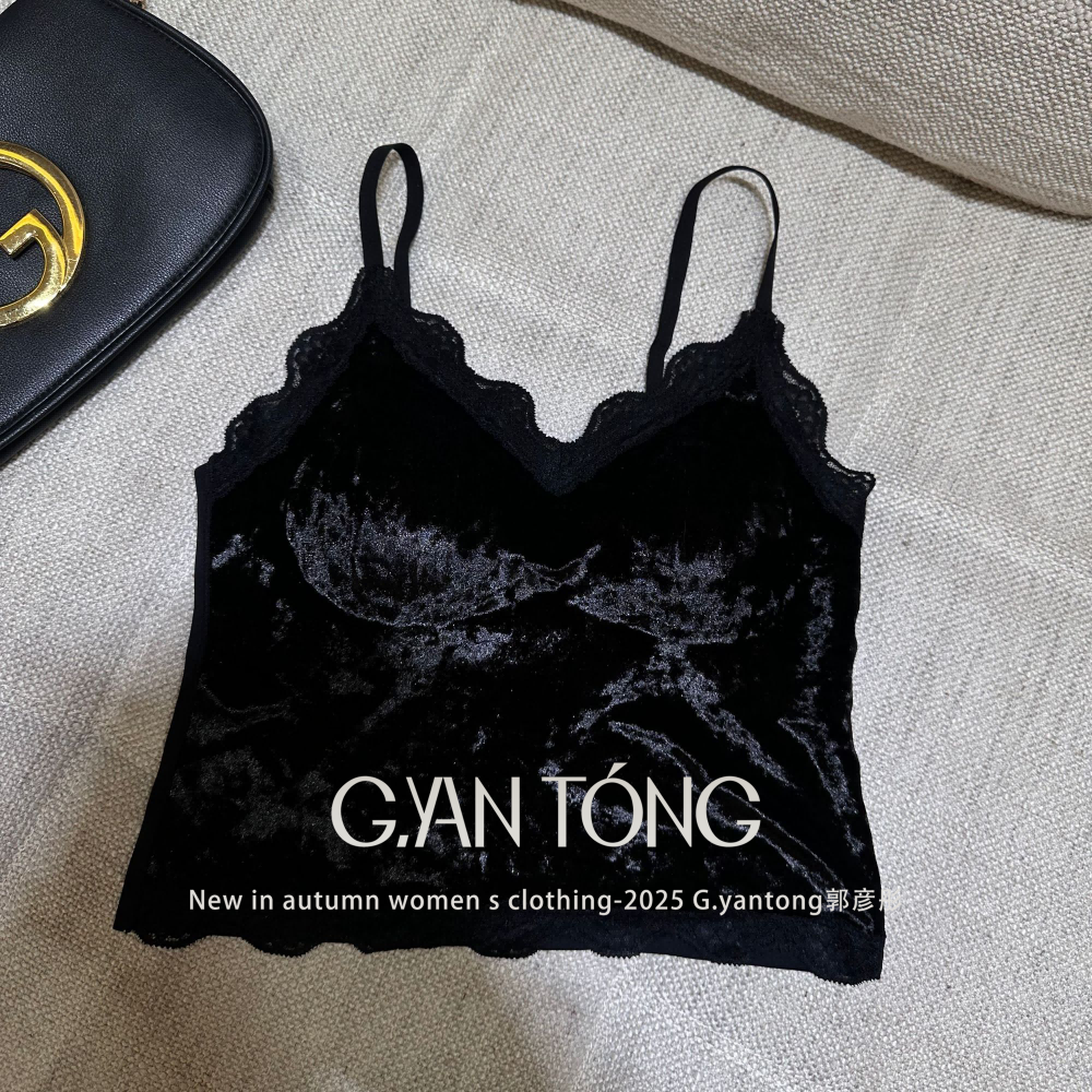 G.yantong郭彦彤丝绒蕾丝拼接弹力吊带 法式修身性感镂空DDL104