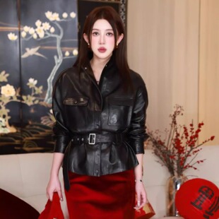 G.yantong油蜡绵羊皮立领系带皮新款外套女上衣显瘦春秋WT1145