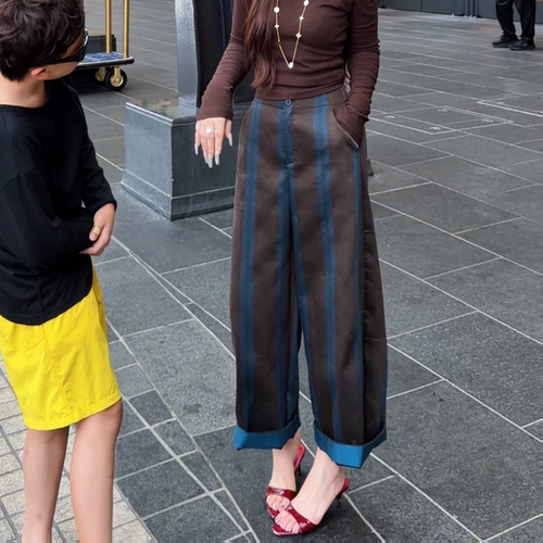 秋季老钱风条纹高腰阔腿休闲裤女