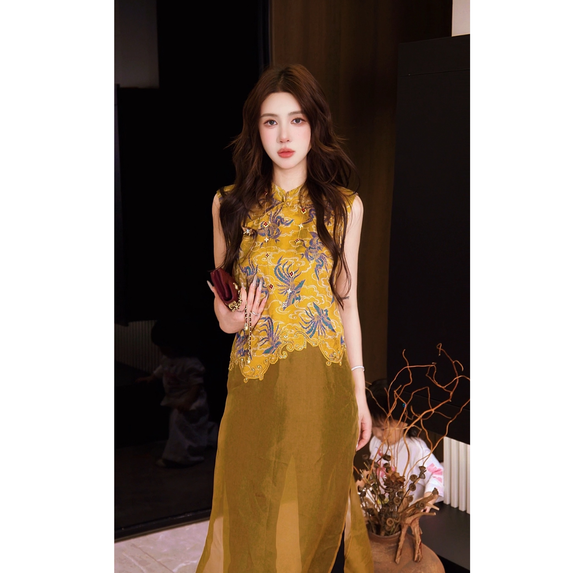 郭彦彤新中式重工刺绣真丝提花无袖时尚马甲裙春夏背心裙女DD1352