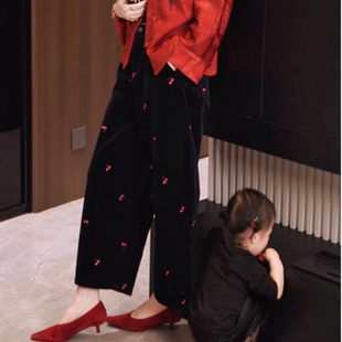 定制灯芯绒樱桃刺绣休闲裤 加绒显瘦KZ111 冬款