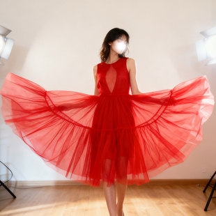 原创日系大裙摆叠穿网纱罩裙连衣裙轻盈无袖超仙纱裙甜美透视裙