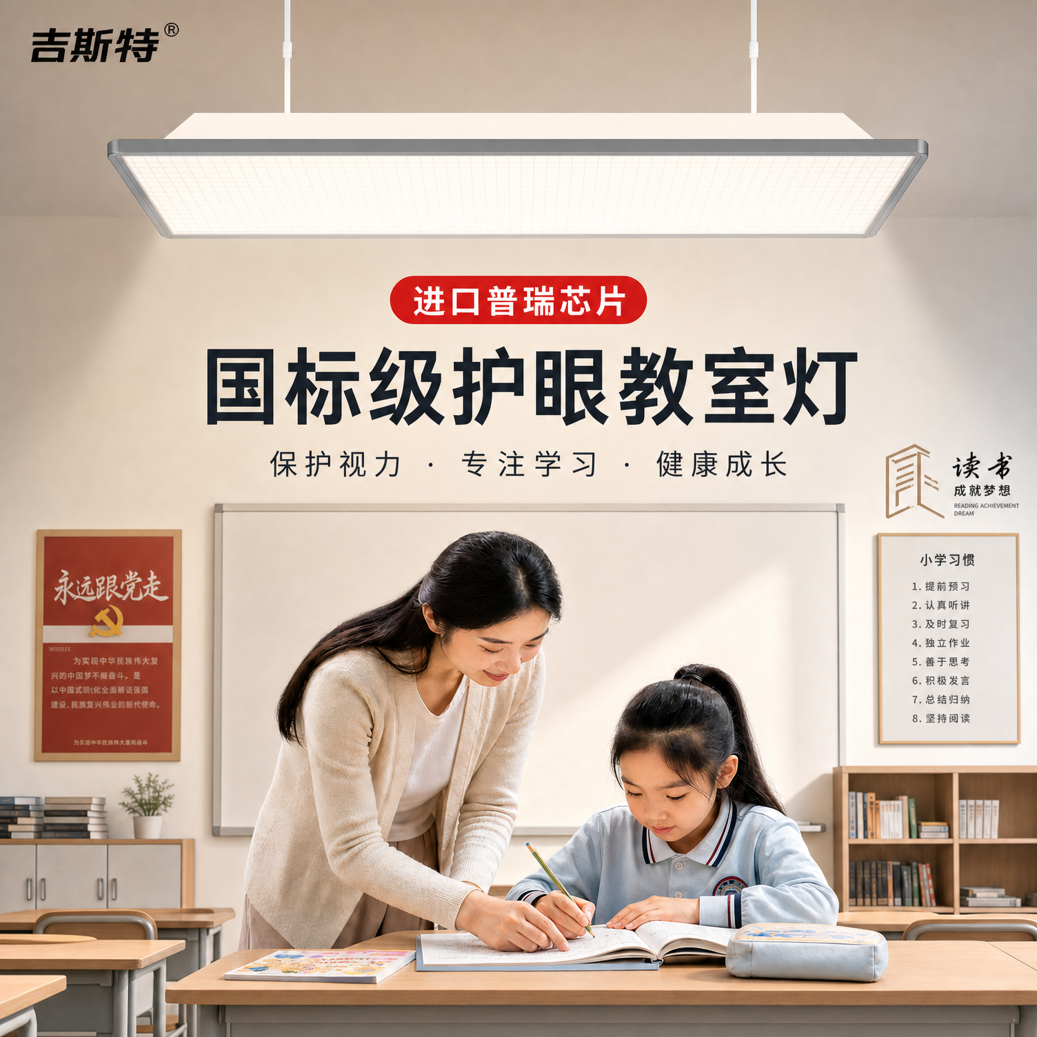 国标教室灯全光谱护眼吊杆家用支架格栅学校教室专用照明灯黑板灯