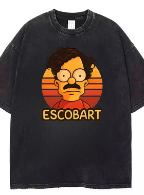 欧美动漫卡通Pablo Escobar bart simpson复古水洗黑做旧短袖t恤