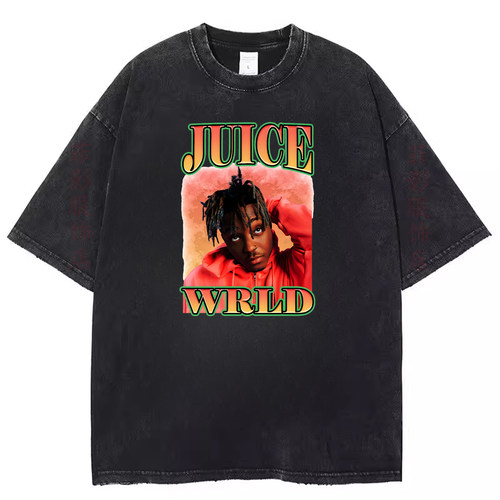 欧美说唱歌手juice wrld朱斯沃尔德复古水洗黑做旧短袖t恤上衣