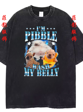 I AM PIBBLE WASH MA BELLY滑稽小狗短袖T恤复古水洗黑做旧上衣