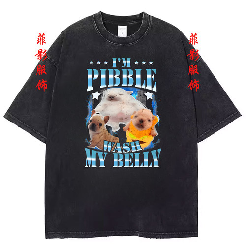 I AM PIBBLE WASH MA BELLY滑稽小狗短袖T恤复古水洗黑做旧上衣