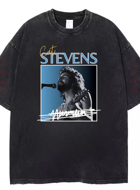 欧美经典摇滚歌手Cat Stevens复古水洗黑做旧短袖t恤男女日常上衣