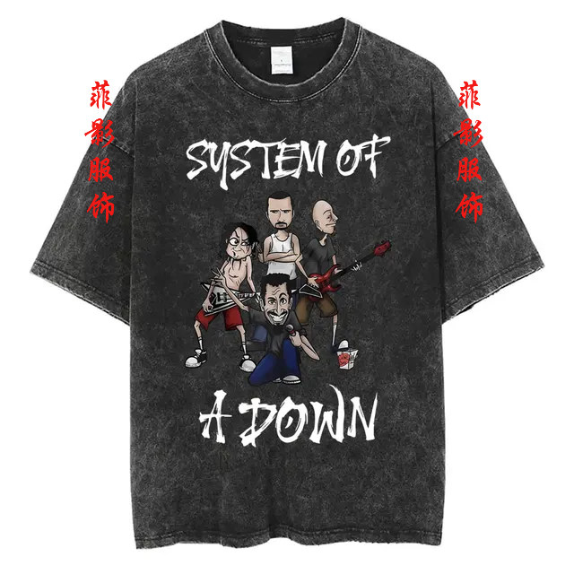 美国摇滚乐队System Of A Down复古水洗黑印花圆领短袖t恤上衣
