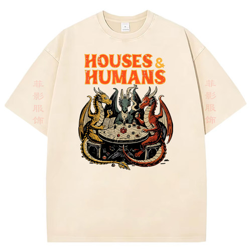 搞笑有趣的Houses Humans复古水洗做旧印花短袖t恤美式小众上衣