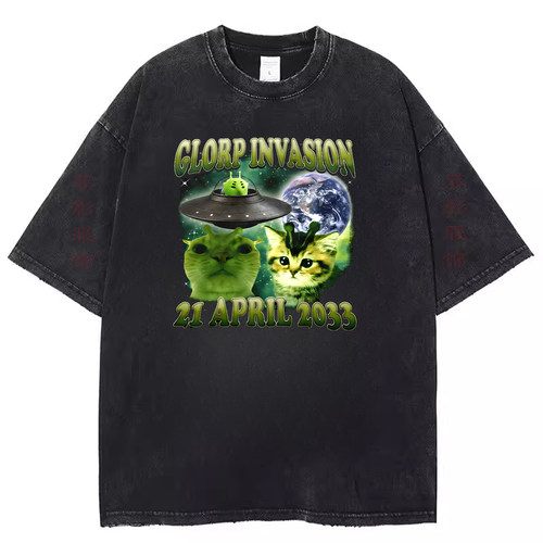 欧美有趣Glorp Invasion Meme Alien Cat复古水洗黑做旧短袖t恤