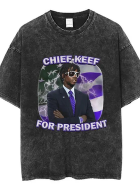 说唱歌手Chief Keef复古水洗做旧T恤嘻哈街头印花圆领短袖上衣服