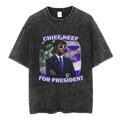 说唱歌手Chief Keef复古水洗做旧T恤嘻哈街头印花圆领短袖上衣服