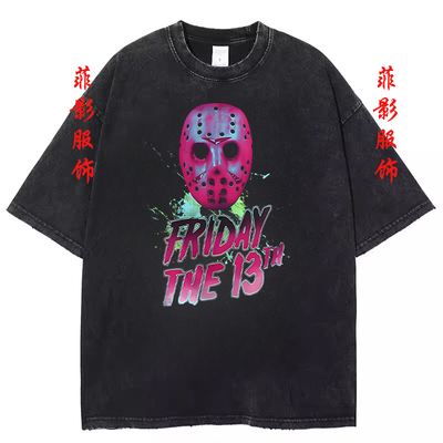 经典电影Friday the 13th十三号星期五复古水洗黑美式短袖t恤上衣