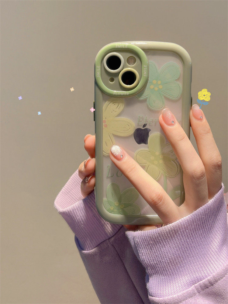 泫雅风花朵iphone14手机壳13promax抹茶绿小清新适用苹果12透明11