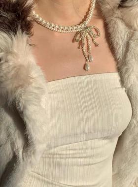 BKP曼谷公园 小众设计白色双层蝴蝶结项链choker高级搭感氛围秋冬