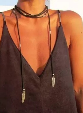 波西米亚复古vintage羽毛长项链