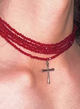 复古多层红项链水晶串珠钛钢亚