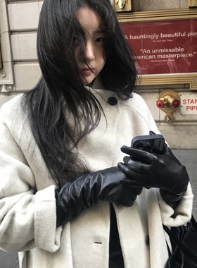 BKP 韩系ins冬季小众时髦百搭黑色长款皮手套保暖机车凹造型辣妹