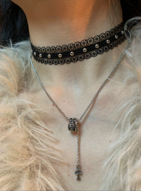 甜酷风蕾丝choker叠戴金属圆环十字架项链女小众个性辣妹颈链2026