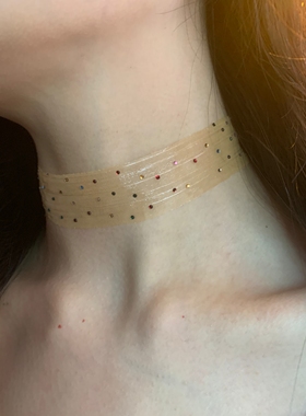 透色米黄彩钻网纱choker颈带女小众高级感细闪锁骨链波西米亚风潮