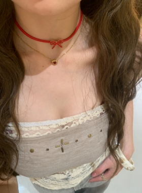 涩谷辣妹蝴蝶结choker颈链叠戴红色锆石爱心锁骨链小众百搭锁骨链