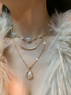 3条装欧美ins感异形珍珠金色锁骨链叠戴女多层项链套装小众辣妹风