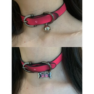 棠洛|y2k温感变红choker铃铛骨头吊坠项圈女贴肤软皮革颈链高级