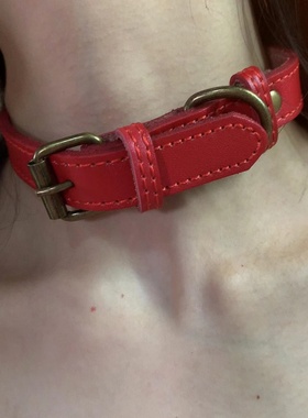 自制红色牛皮做旧皮带扣choker