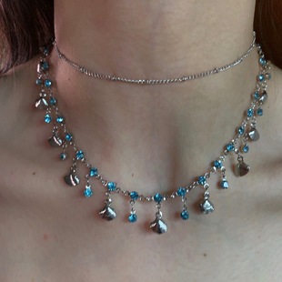 夏天 普吉岛 一条双层蓝色闪钻贝壳项链流苏锁骨链精致高级颈链