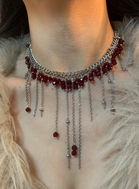 小雨妖妖 爆美红色尖晶石流苏项链女夸张氛围感锁骨链高级感颈带