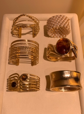 中古金色宽手镯合集vintage复古开口C型手环高级感宴会重工手饰