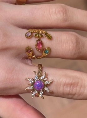 「花卉太阳神」彩色锆石戒指叠戴女金色欧美风食指戒指度假高级感