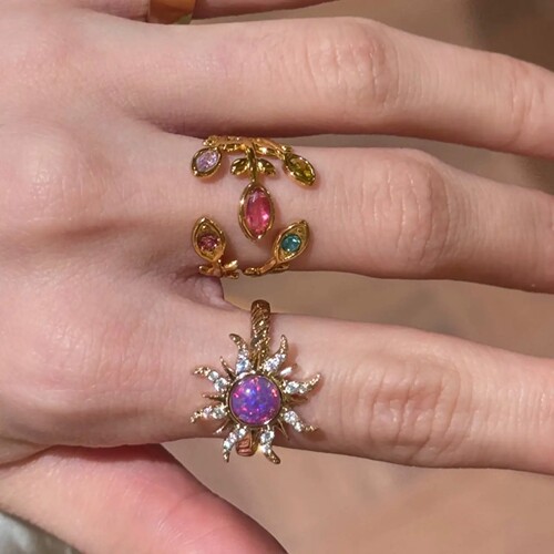 「花卉太阳神」彩色锆石戒指叠戴女金色欧美风食指戒指度假高级感