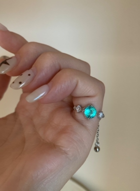 ‘薄荷糖’蓝色锆石流苏链条戒指女可调节尾戒高级ins辣妹食指戒