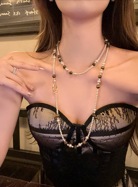 波西米亚 高级感粉香槟珍珠虎眼石项链长款秋冬小香风毛衣配饰潮