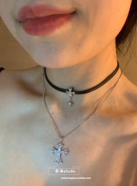 棠洛「加州辣妹」锆石十字架皮革choker颈链女叠戴项圈精致高级感