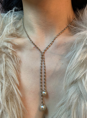 浅色香槟金珍珠吊坠锁骨链女y字流苏项链显脖子细长颈链日常百搭