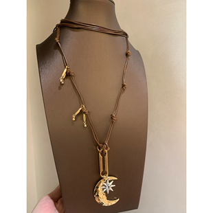 “日月同辉”中古vintage月牙芒星蜡绳项链可调节百搭秋冬毛衣链