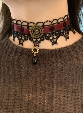 vintage 酒红蕾丝choker颈链女亚文化锁骨链颈带y2k洛丽塔项圈潮