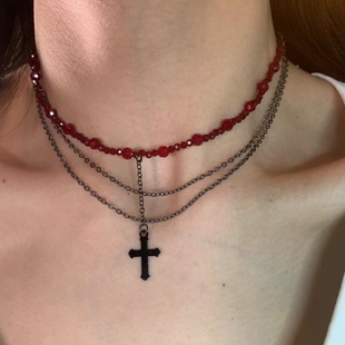 捆绑与束缚 自制小众暗黑十字架尖晶石锁骨链多层叠带颈链辣妹潮