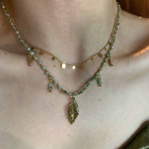 vintage绿色串珠项链女叠戴细链锁骨链小众独特森系流浪风项链潮