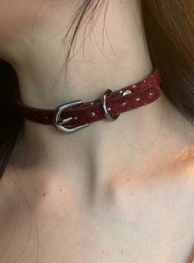 柏林少女 单圈酒红色choker颈链女闪闪钻马海毛皮革项圈y2k辣妹风