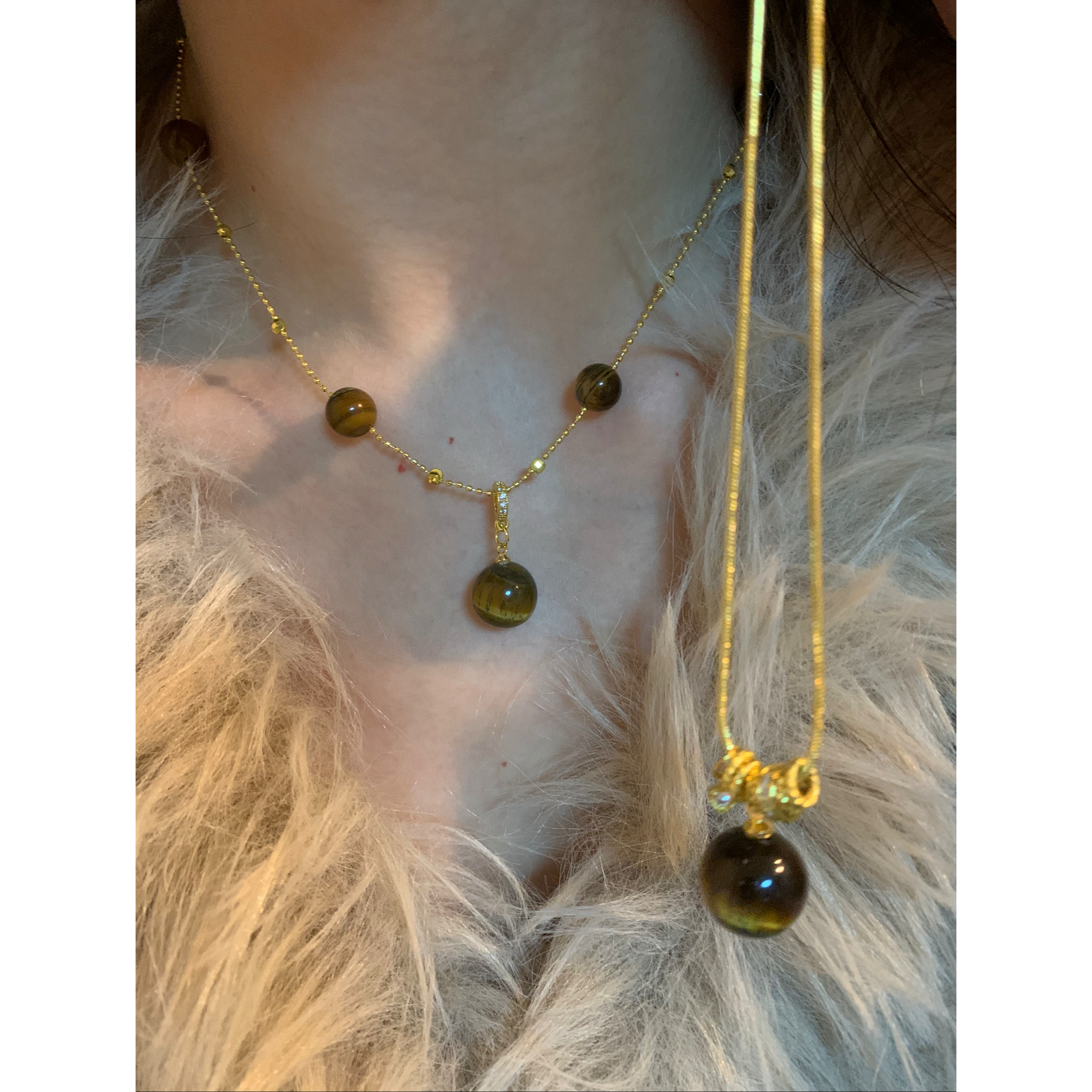 圆珠虎眼石吊坠项链女秋冬高级感毛衣链简约轻奢锁骨链2026爆款潮