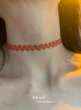 棠洛 红色蕾丝金线choker颈链女细款布艺项圈显白锁骨链红色颈带